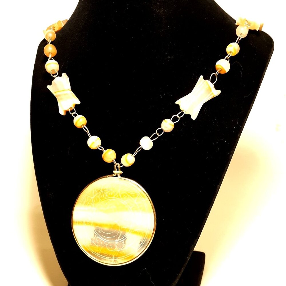 Carved Mexican Onyx Medallion Necklace Gold Yellow Cream Beads Exotic